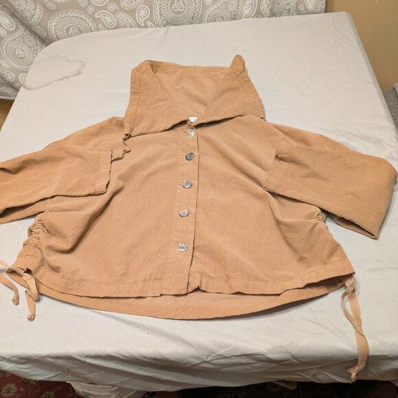 Bryn Walker Oversized Ribbed Knit Jacket Tan Button Front Ruched Drawstring Hem - Picture 2 of 7